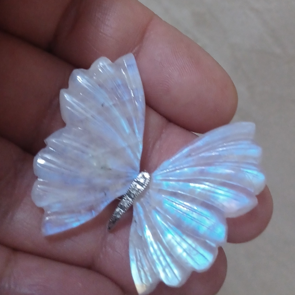 14k diamond  Big Natural carved  Moonstone Iridescent Butterfly  Pendant